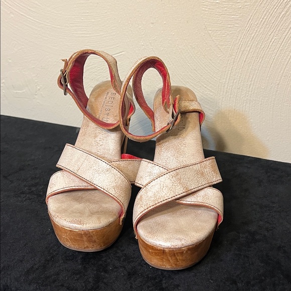 BED STU kalah strappy white distressed leather wooden platform heels Size 8 - Picture 4 of 17